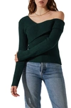 Astr Asymmetric Foldover One-shoulder Rib Sweater In Deep Green