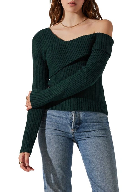Astr Asymmetric Foldover One-shoulder Rib Sweater In Deep Green