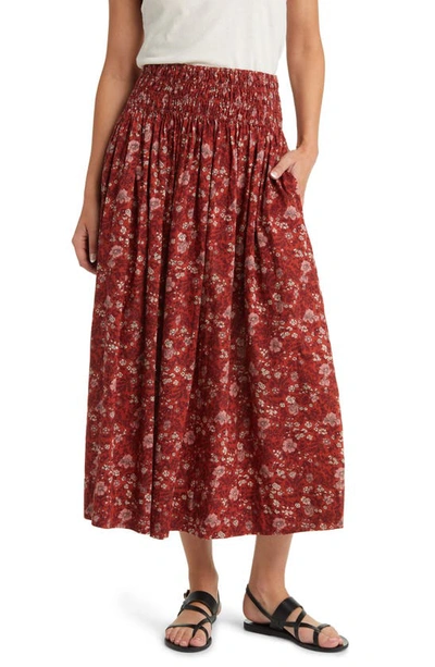 The Great The Viola Floral Smocked Waist Cotton Midi Skirt In Multi