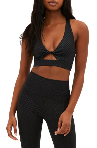 Beach Riot Twist Front Cutout Sports Bra In Black Embossed Check