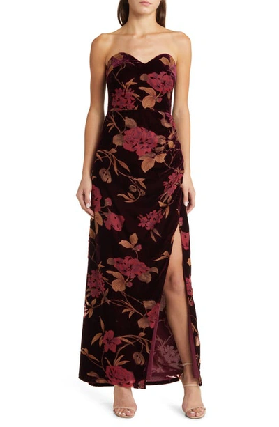 Lulus Exquisite Floral Velvet Burnout Strapless Gown In Plum Purple Floral Print