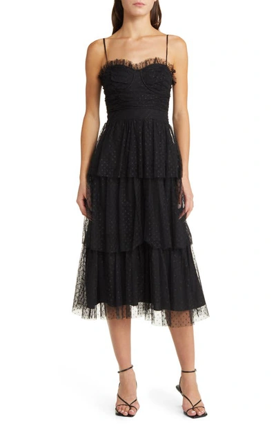 Lulus Sweetheart Clip Dot Tiered Cocktail Dress In Black