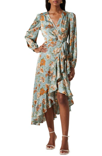 Astr Floral Satin Long Sleeve Wrap Dress In Dusty Blue Floral