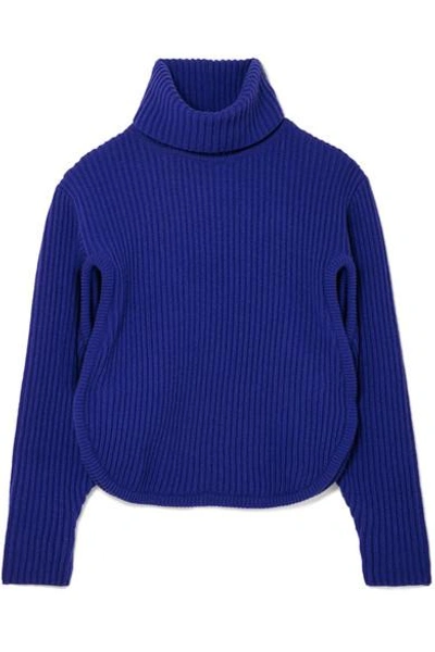 Antonio Berardi Cutout Ribbed Wool And Cashmere-blend Turtleneck Jumper In Blue