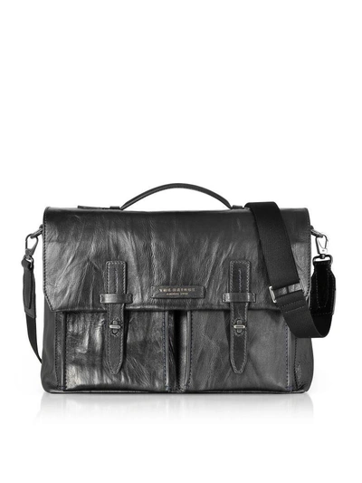 The Bridge Washed Calf Leather Briefcase W/shoulder Strap In Black