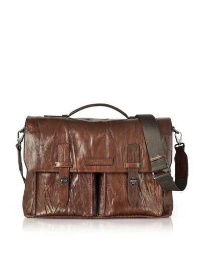 The Bridge Washed Calf Leather Briefcase W/shoulder Strap In Brown