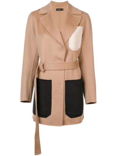 Joseph Marcus Belted Patchwork-effect Wool And Cashmere-blend Coat In Neutral