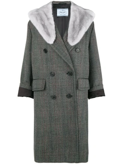 Prada Mink-trimmed Double-breasted Felt Coat In Grey