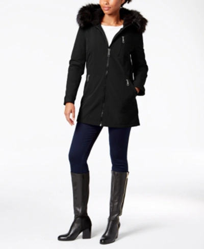 Calvin Klein Faux-fur-trim Hooded Raincoat In Black