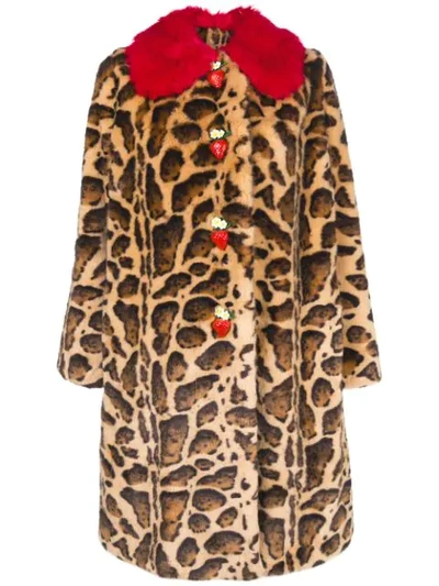 Dolce & Gabbana Strawberry-buttons Leopard-print Faux-fur Mid-calf Coat In Animal