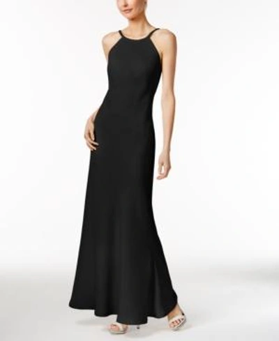 Calvin Klein Beaded-neck Halter Gown In Black