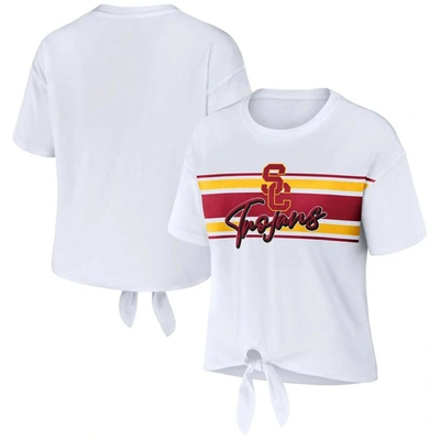 Wear By Erin Andrews White Usc Trojans Striped Front Knot Cropped T-shirt