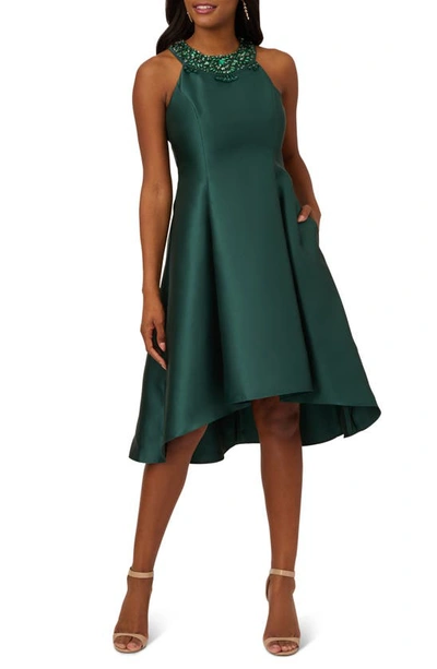 Adrianna Papell Mikado Womens Satin Embellished Cocktail And Party Dress In Dark Forest