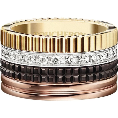 Boucheron Quatre Classique Ring In Tricolor Gold With Brown Pvd And Diamonds