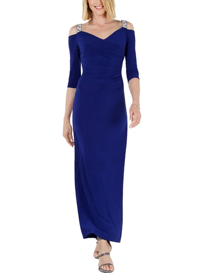 R & M Richards Womens Rhinestone Ruched Evening Dress In Blue