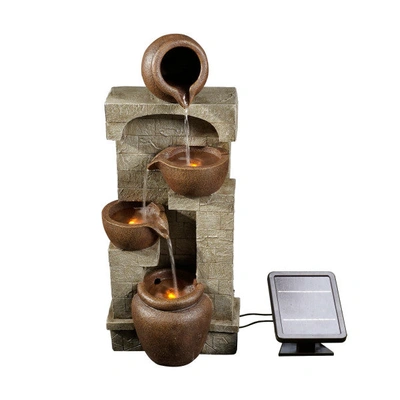 Teamson Home 31" Height Solar Powered Outdoor Waterfall Bowls Stone Stacked Fountain In Brown