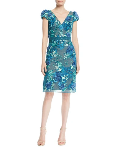 Marchesa Notte 3d Floral Embroidered Cap-sleeve Dress In Green/blue