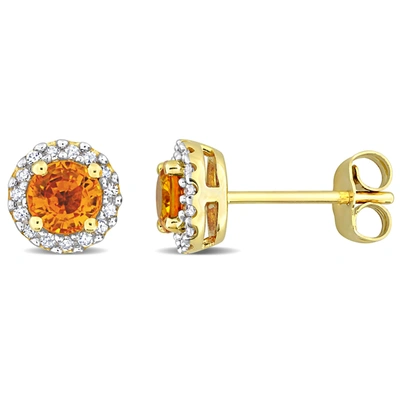 Mimi & Max 7/8ct Tgw Orange Sapphire And 1/6ct Tdw Diamond Halo Stud Earrings In 10k Yellow Gold