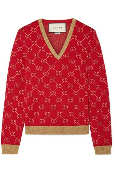 Gucci Metallic Cotton-blend Jacquard Sweater In Red
