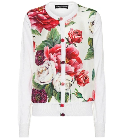 Dolce & Gabbana Button-front Rose-print Silk Knit Cardigan In White