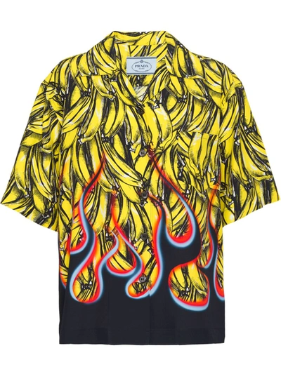 Prada Banana Flame Collared Short-sleeve Shirt, Yellow/black