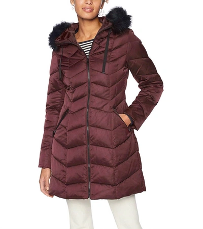 T Tahari Gwen Faux Fur Hood Down Puffer Jacket Long Coat In Merlot In Red