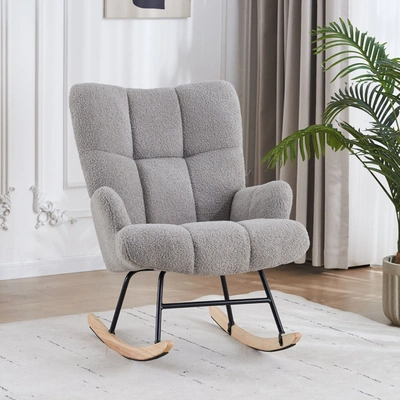 Puredown Upholstered Teddy Velvet Rocking Accent Chair With Wingback Design 330lb Weight Capacity, Light Grey