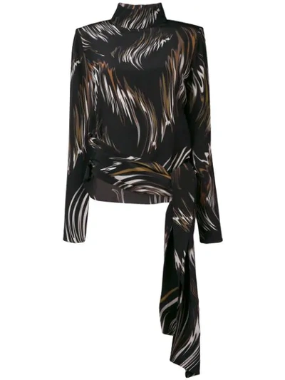 Givenchy Mock-neck Long-sleeve Wave-print Blouse W/ Side Sash