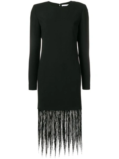 Givenchy Long-sleeve Crewneck Sheath Wool Crepe Cocktail Dress W/ Fringe Hem In Black