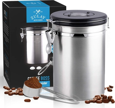 Zulay Kitchen Airtight Coffee Canister - Stainless Steel Coffee Storage Canister With Scoop In Silver