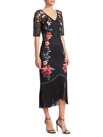 Rickie Freeman For Teri Jon Embroidered Floral Lace Dress W/ Fringe In Black Multi