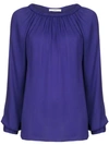 Tibi Round-neck Long-sleeve Tieback Ruching Georgette Top In Purple