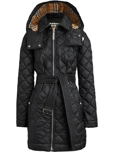 Burberry Detachable Hood Lightweight Diamond Quilted Coat In Black