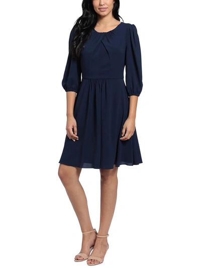 London Times Petites Womens Puff Sleeve Knee Fit & Flare Dress In Blue