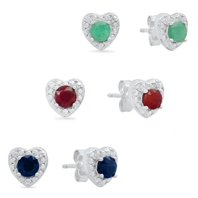Max + Stone Sterling Silver 3 Pair Genuine 4mm Emerald, Ruby, Sapphire Heart Halo Stud Earrings