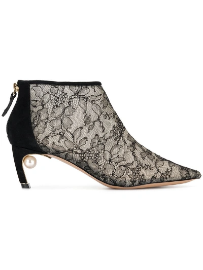 Nicholas Kirkwood Mira Faux Pearl-embellished Lace And Suede Ankle Boots In Black