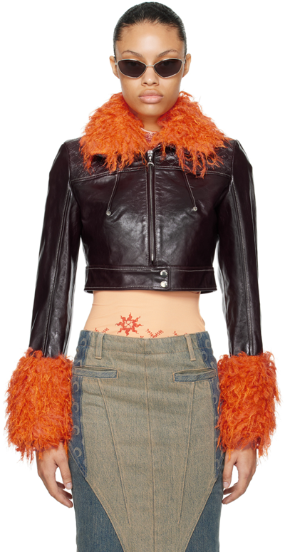 Marine Serre Feather-trim Cropped Leather Jacket In Rd70