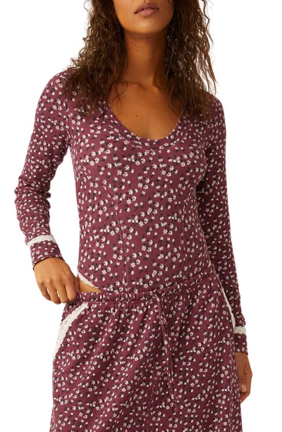 Free People Sugar Dreams Floral Thermal Knit Bodysuit In Wine Combo