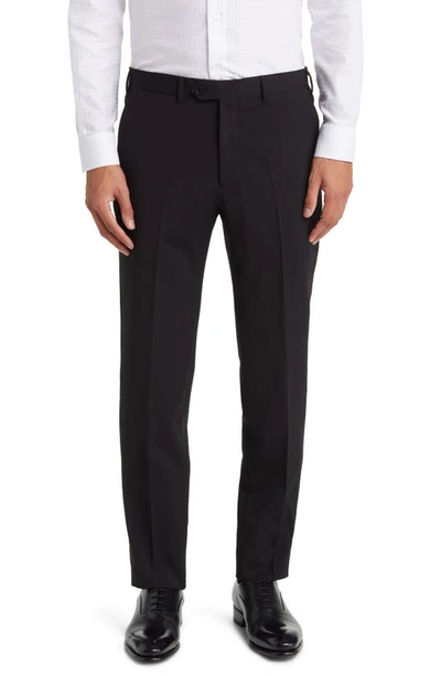 Emporio Armani Flat Front Wool Pants In Solid Black