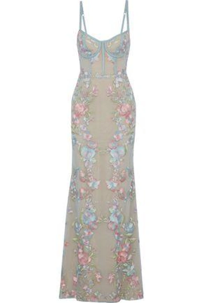 Marchesa Notte Woman Embroidered Tulle Gown Light Blue