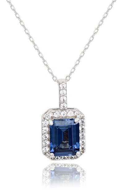 Suzy Levian Sterling Silver Emerald Cut Sapphire Pendant Necklace In Blue
