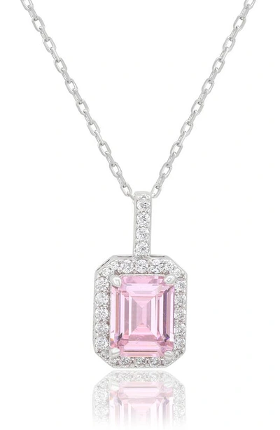 Suzy Levian Sterling Silver Emerald Cut Sapphire Pendant Necklace In Pink