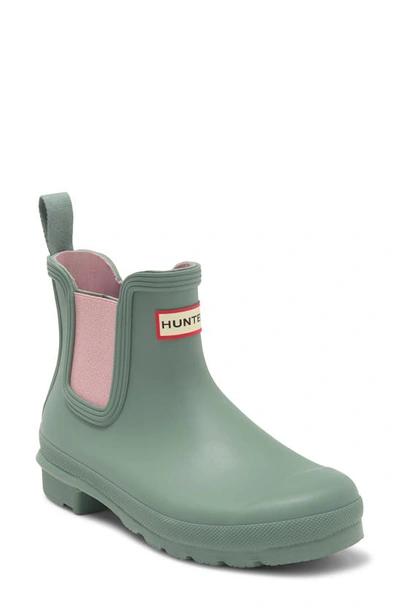Hunter Original Waterproof Chelsea Rain Boot In Sweet Gale Green/ Azalea Pink