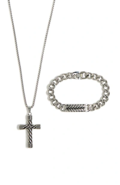 American Exchange Cross Pendant Necklace & Chain Bracelet Set In Silver/ Black
