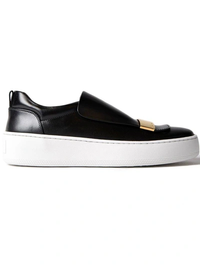 Sergio Rossi Slip-on In Black Leather With Metal Plate In Gold Contrast
