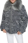 Andrew Marc Charleroi Faux Fur Collar Down & Feather Fill Velvet Puffer Jacket In Peppercorn