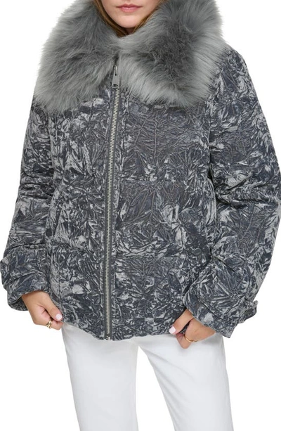 Andrew Marc Charleroi Faux Fur Collar Down & Feather Fill Velvet Puffer Jacket In Peppercorn