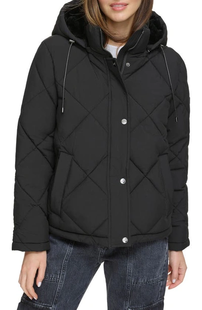 Dkny Diamond Quilt Water Resistant Puffer Jacket In Ebony Black Stretch