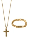 American Exchange Cross Pendant Necklace & Chain Bracelet Set In Gold/ Gold