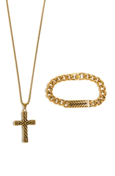 American Exchange Cross Pendant Necklace & Chain Bracelet Set In Gold/ Gold